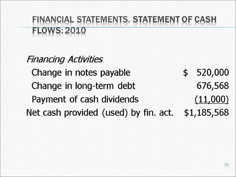 39 Financial statements. Statement of Cash Flows: 2010